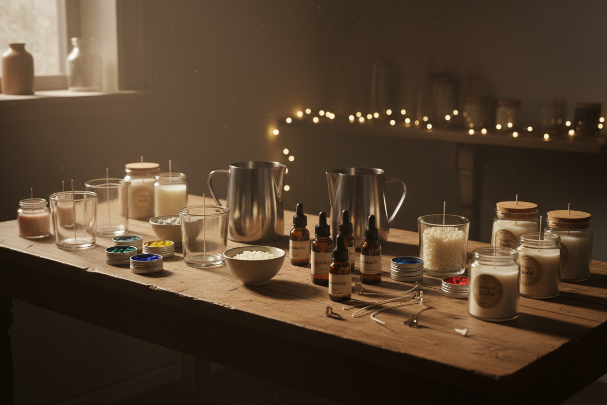 create an authentic candle making class with no people just the visual of a table in a slightly dim room with lcandle jars on the table and pouring pitchers and wax beads fragrance oils and candle color dies with some candles actually made 