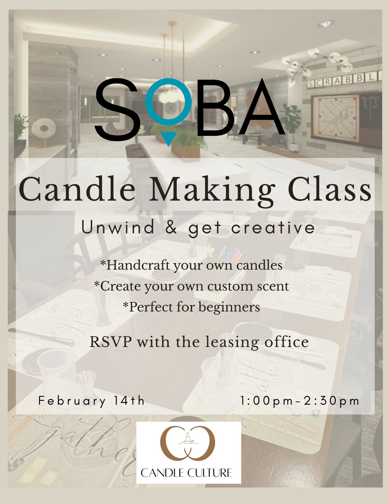 Candle Making Class SOBA– February 14 | 1:00 PM – 2:30 PM (Resident)